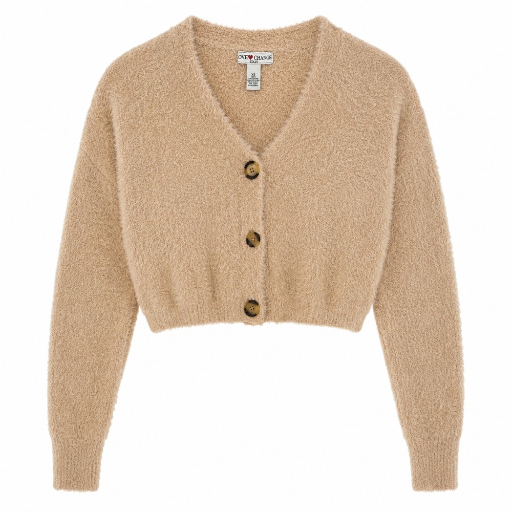 Love Change Italy Tan Fuzzy Popcorn Knit Cropped Cardigan Sweater XS